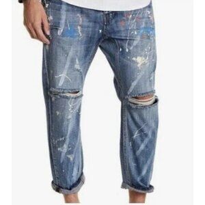 Man X One Teaspoon Mr Browns Blue Suede Paint Splatter Distressed Jeans 34R NWT